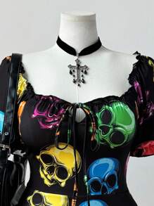 Sunspun Plus Size Women Rave Halloween Skull Graphic Short Sleeve Mini Dress - Multicolor - View 3