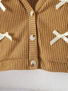 SHEIN Vintaside Kids Baby Girl V-Neck Bow Solid Color Long Sleeve Cardigan Sweater, Spring/Autumn Outerwear Fall Winter - Coffee Brown - View 4