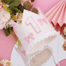 1件，半岁/1-5岁蝴蝶结生日帽装饰周岁礼物白色皇冠粉色蝴蝶结皇冠派对公主头饰照片白粉装饰生日派对帽装饰数量2/1-5亮片皇冠发饰公主生日派对节庆派对 - 彩色 - 查看 15