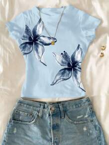 SHEIN 女童花卉印花短款修身圆领T恤，休闲舒适，适合夏季穿着