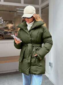 EURMUSE Palton căptușit cu curea, de culoare uni, pentru iarnă și toamnă