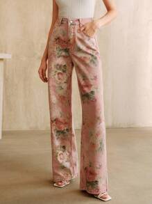 Anewsta Women's New Fashionable Printed Pink Straight Leg Jeans - Pink - View 7