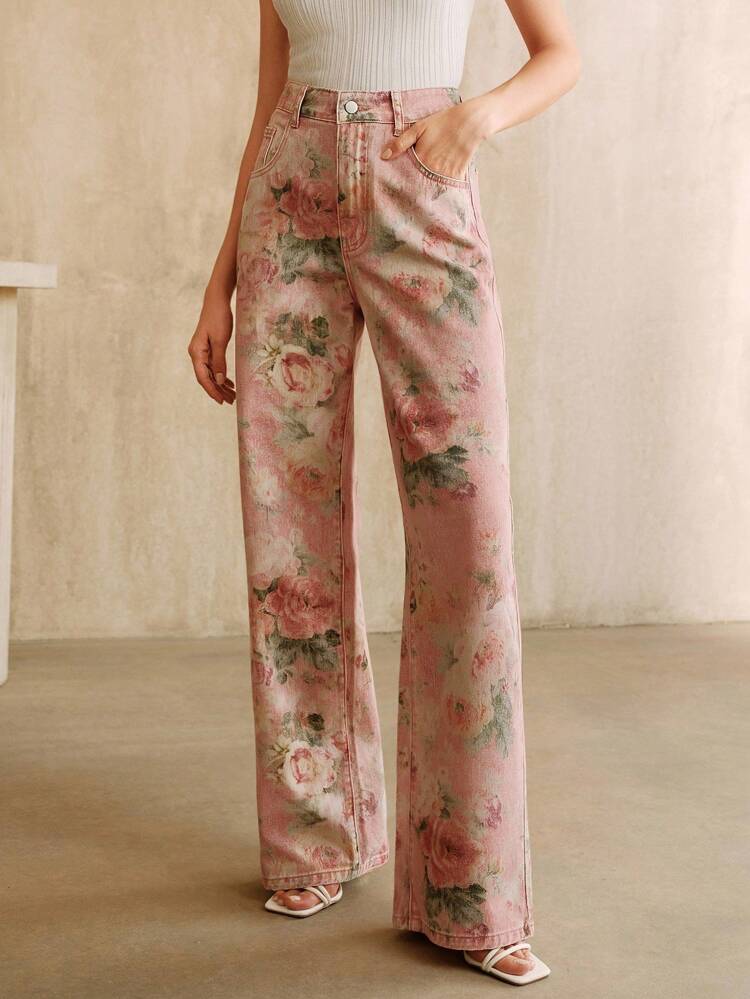 Women's New Fashionable Printed Pink Straight Leg Jeans