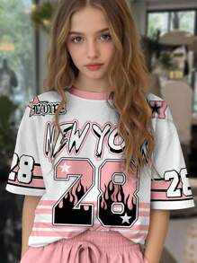 SHEIN Áo thun thể thao phong cách tối giản thường ngày cho bé gái tuổi mới lớn, size 23, in họa tiết tên thành phố cổ điển, họa tiết sọc, áo thun tay ngắn dáng rộng in họa tiết khẩu hiệu mát mẻ, phù hợp cho mùa hè - Nhiều màu - Xem 2