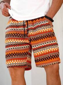 Manfinity RSRT 男士休闲日常穿着，完美适合海边度假，采用INS风格波西米亚橙色多色几何横条纹钩编针织提花纹理休闲度假短裤，男士沙滩度假短裤 - 彩色 - 查看 2