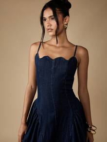 MISSGUIDED 无肩带长款牛仔连衣裙，甜心领口修身喇叭裙，优雅公主舞会礼服，秋冬婚礼宾客特殊场合个性连衣裙 - 藏蓝色 - 查看 6