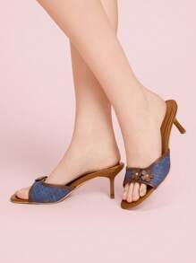 CUCCOO DOLLMOD Giày sandal đế vuông họa tiết hoa khối màu xanh và nâu dành cho nữ, thời trang và thoải mái - Màu xanh lam - Xem 5