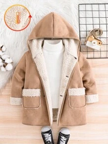 SHEIN Young Boy Loose Fit Hooded Woolen Jacket With Double-Breasted Button, Suitable For School, Autumn/Winter Fall