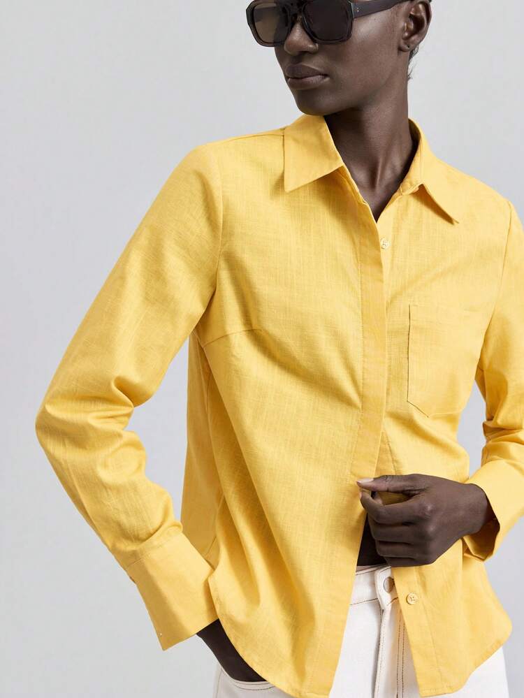 Women's Soft Yellow,Autumn,Elegant,Office Casual Loose Solid Color Long Sleeve Shirt,Urban Style Buttercup Yellow Classic Polo,Business Attire,2025
