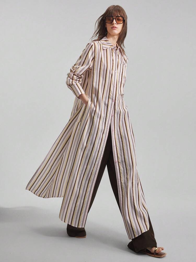 2025 Autumn/Winter Women's Office Attire, Wedding Guest Dress, Birthday Outfit, Teacher Uniform, Club Wear, Autumn/Winter Clothing, Vintage-Inspired Business Casual Striped Long Sleeve Single-Breasted Casual Dress