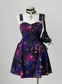 Flirla Váy midi trễ vai in họa tiết bầu trời đầy sao thời trang đa năng mới cho ngày lễ, trang trí eo xếp nếp có khóa kéo phía trước dành cho nữ, trang phục rave - Nhiều màu - Xem 6