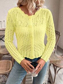 SHEIN PETITE Women's Round Neck Hollow Front Button Cardigan, Autumn/Winter Knitted Casual Spring Fall Cardigan - Yellow - View 7