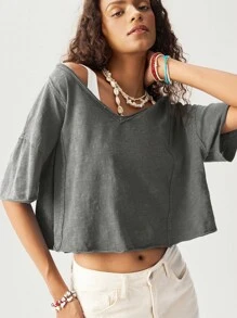 Bohemela Women's Casual Solid Color V-Neck Short Sleeve Loose T-Shirt Grey Crop Top Oversized Crop Top Baggy Crop Top Oversized Cropped T Shirt