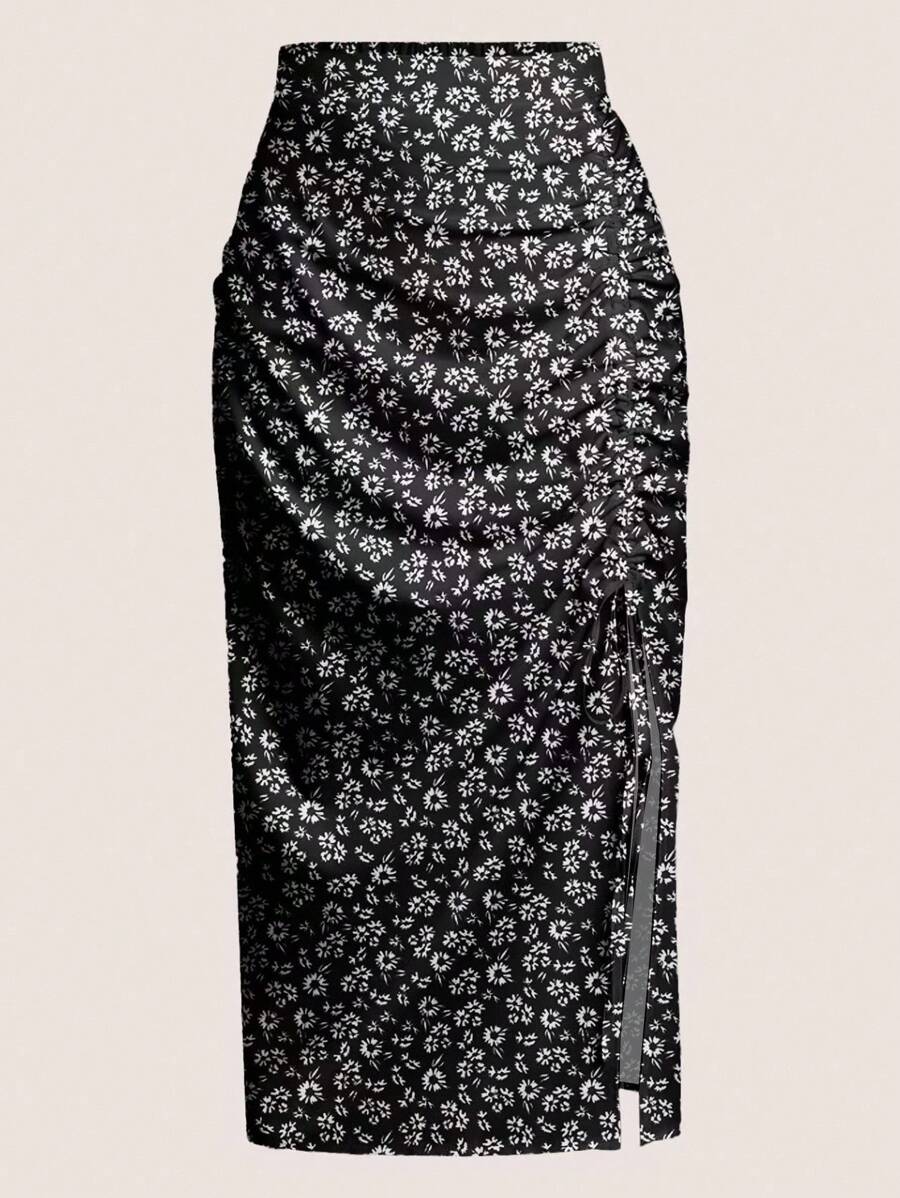 EMERY ROSE 大码夏季休闲碎花开衩裙 - 黑色 - 查看 1