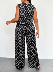 EMERY ROSE Plus Size Geometric Print Sleeveless Elastic Waist Casual Jumpsuit - Black and White - View 2
