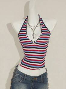 SHEIN ICON Sexy Deep V-Neck Rainbow Striped Tight Camisole - Multicolor - View 3