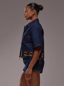 MUSERA 宽松版型镂空下摆短袖牛仔外套，秋季返校季可爱优雅酷女孩性感日常冬季派对休闲装扮时尚春夏 - 中等水洗藍 - 查看 4