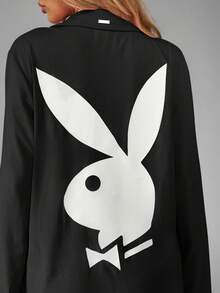 Missguided x Playboy Christmas Classic Long Sleeve Belted Robe With Signature Details - Black - View 7