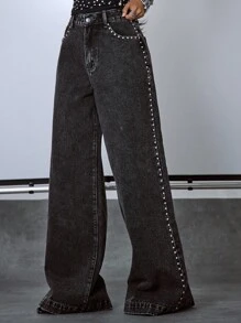 MUSERA 铆钉缝线深色水洗宽松牛仔裤，适合伊比沙岛音乐节、锐舞派对、Y2K 风格、性感铬色、外出、夜生活、牛仔、秋季、街头服饰、颓废风、俱乐部、秋季。服装、女装、女式服装、衬衫、女士服装、女式服装。时尚 - 灰色 - 查看 4