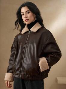 DAZY Áo khoác da mùa đông cho nữ có cổ màu tương phản thường ngày bằng da PU - Cà phê nâu - Xem 6