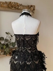 Lovelzi 优雅奢华黑色串珠刺绣手工钻石羽毛装饰短款露背鸡尾酒会礼服