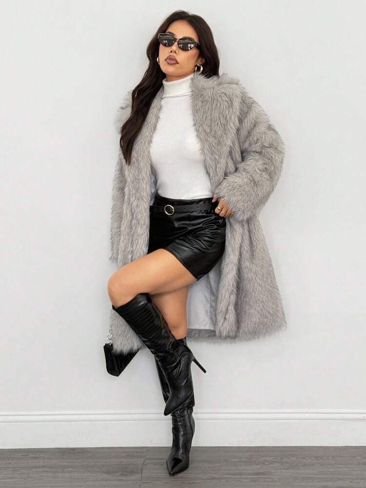 SHEIN PETITE Women Elegant Lapel Neck Fashion Long Faux Fur Coat Grey Fur Coat In Fall/Winter - Apricot - View 8