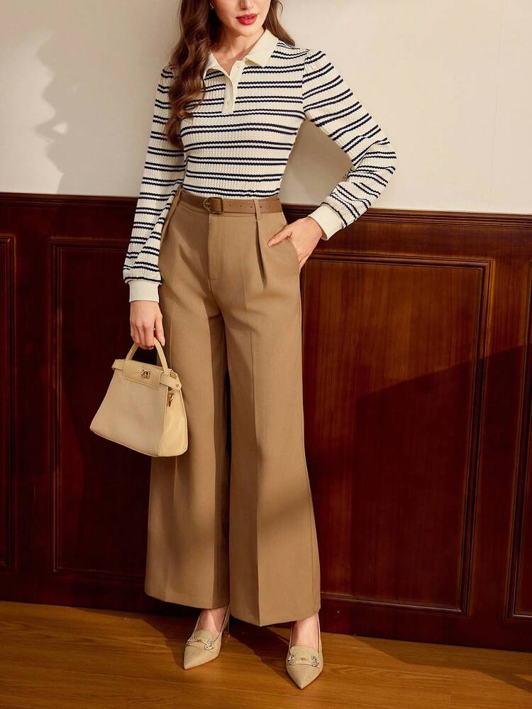 Vintamour Áo thun polo cổ bẻ họa tiết sọc tương phản thanh lịch tay dài thường ngày dành cho nữ, áo giáo viên, áo thun đi chơi, áo thun công sở, áo thun đi chơi ... - Màu be - Xem 5