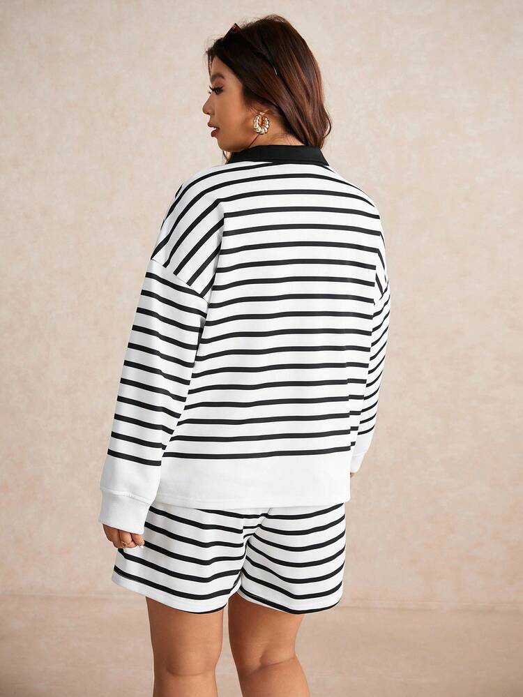 Elaquor Conjunto de 2 piezas de top de manga larga a rayas y shorts talla grande - Negro - Añade 2