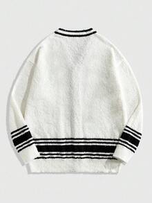 ROMWE MEN Street Life Men's Casual Daily Letter Patch Knit Cardigan, Autumn/Winter