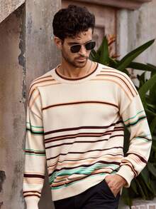 Manfinity NXTstreet 男士落肩长袖条纹宽松圆领毛衣男士条纹毛衣男士针织上衣男士套头衫复古毛衣男士条纹毛衣男士男士套头衫男士条纹针织衫男士毛衣，秋冬 - 彩色 - 查看 5