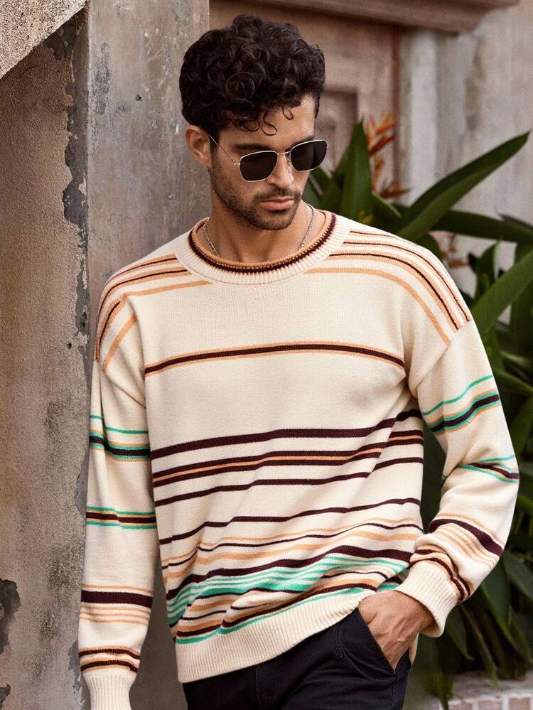 Manfinity NXTstreet 男士落肩长袖条纹宽松圆领毛衣男士条纹毛衣男士针织上衣男士套头衫复古毛衣男士条纹毛衣男士男士套头衫男士条纹针织衫男士毛衣，秋冬 - 彩色 - 查看 5