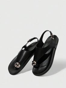 HighSole Women's Fashion Thick Sole Black One-Piece Thong Sandals - Black - View 6