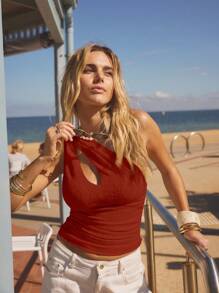 Aralina Women's Casual Vacation Asymmetrical Neck Sleeveless Top - Red - View 10