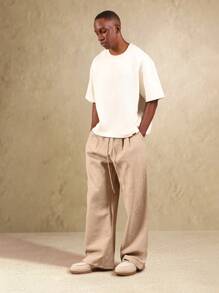 SUMWON Pantalones anchos de pierna con textura de lino, cómodos y de ajuste relajado con cordón, ropa casual de resort, transpirables de fibra natural para verano, primavera y otoño - Albaricoque - Ver 3