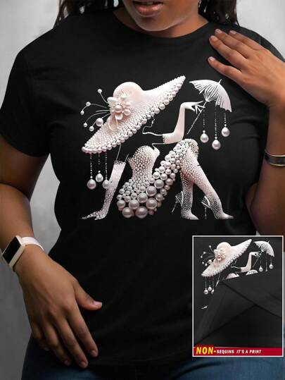 Maweii Plus Size Women's Fashion Faux Pearl & Figure Print Short Sleeve Round Neck T-Shirt