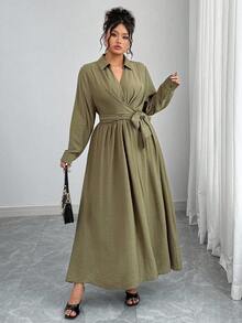 Elenzga 女士优雅复古正式办公室通勤休闲度假下午茶连衣裙，法式精致纯色 V 领腰带 A 字长袖超长连衣裙，军绿色 - 軍綠色 - 查看 4