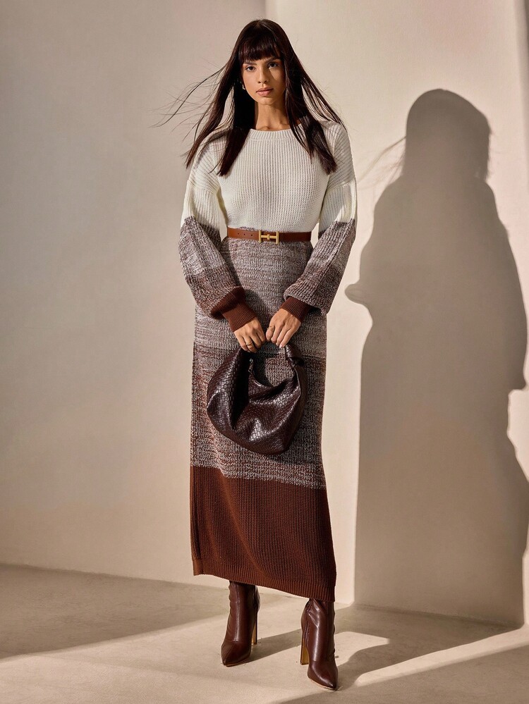 CLARA VERO Color Block Drop Shoulder Sweater, Long Sleeve Sweater Dress,Winter Dresses For Women,Dresses For Women,Jumpers For Women,Winter Dresses - Cream - View 5