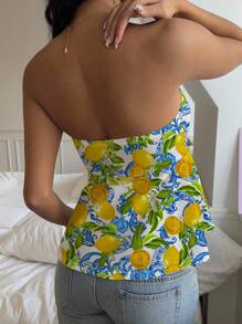 SHEIN EZwear 女士休闲时尚印花抹胸上衣，适合夏季 - 藍白色 - 查看 2