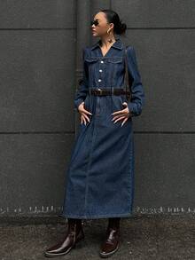 DAZY Women's Street Style Pocketed Long Sleeve Denim Dress - Blue - View 8