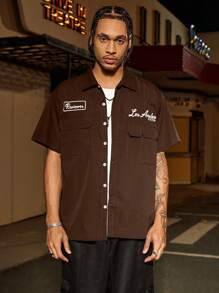 PAVTROS Manfinity Streetrush 男式宽松实用口袋设计休闲衬衫，蓝色纽扣式短袖衬衫，多口袋休闲衬衫，棕色图案洛杉矶评论家机械师衬衫棕色衬衫男士图案棕色纽扣式洛杉矶衬衫评论家衬衫男士图案 T 恤 - 咖啡棕 - 查看 4