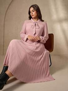 Chikora 大码纯色蝴蝶结装饰长袖上衣和百褶裙两件套女式百褶裙套装粉色百褶裙长袖粉色衬衫百褶中长裙粉色连衣裙女式粉色套装秋季服装大码商务休闲女式办公室服装女士工作服女士工作服 - 藕粉色 - 查看 6