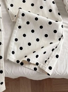 Comfortcana Women's Polka Dot Casual Versatile Wide Leg Button Pocket Jeans - Black and White - View 5