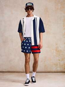 Surfspeed Men's US Flag Print Drawstring Waist Beach Shorts - Blue - View 2