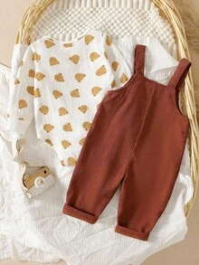 SHEIN Infant Boy Casual Everyday Outing Crinkle Fabric Cute Bear Print Bodysuit And Corduroy Bib Pants Set, Autumn Newborn Baby Boy Clothes Set Cute Baby Boy Clothes - Brown - View 2
