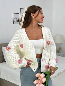 EURMUSE Women's Casual Drooped Shoulder Loose Hand Embroidered Floral Knit Cardigan - Beige - View 5