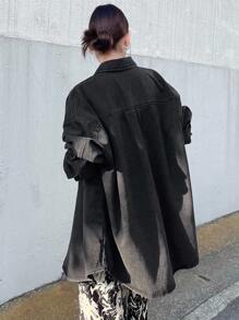 FRIFUL 女士纯色休闲长袖牛仔衬衫、牛仔夹克、秋季女装 - 灰色 - 查看 3