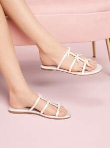 CUCCOO DOLLMOD Women's Satin Bow Detail French Romantic Summer Date Vacation Round Toe Flat Sandals, White - White - View 4