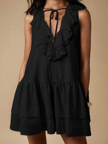 MISSGUIDED Ruffle Neckline Mini Dress With Tiered Skirt V Neck Cheesecloth Summer Beach Holiday Casual Daytime Patio Sundress - Black - View 4