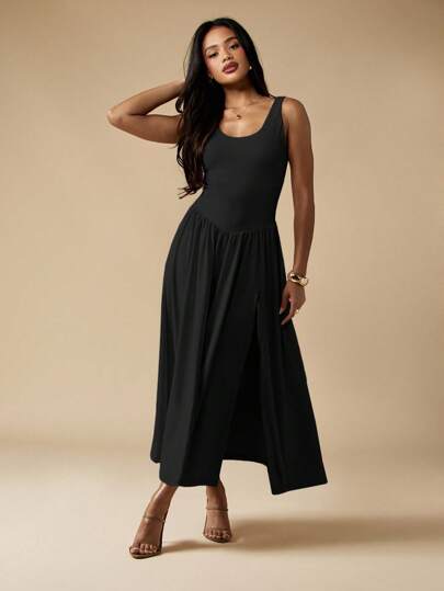 MISSGUIDED Sleeveless Jersey Midi Dress Scoop Neck Flared A Line Evening Party Wedding Guest Summer Holiday Elegant Maxi Dress