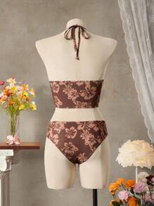 SHEIN Swim 女式花卉印花吊带背心两件套泳衣套装，随机印花 - 乾枯玫瑰色 - 查看 7